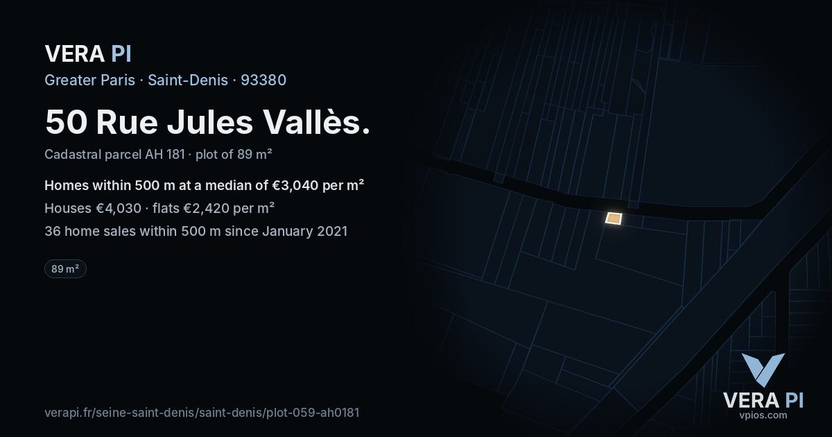 50 Rue Jules Vallès, Saint-Denis at night – the plot lit, the parcels around coloured by the prices near them