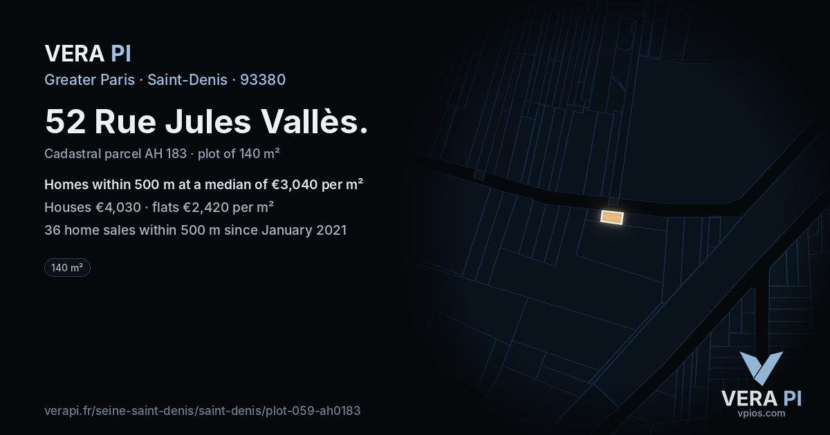 52 Rue Jules Vallès, Saint-Denis at night – the plot lit, the parcels around coloured by the prices near them