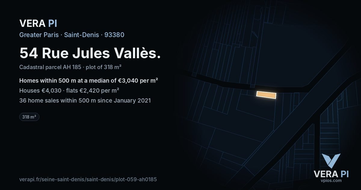 54 Rue Jules Vallès, Saint-Denis at night – the plot lit, the parcels around coloured by the prices near them