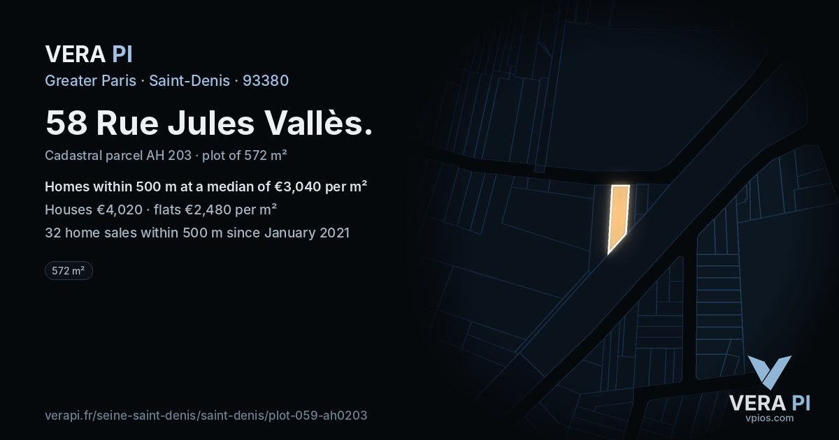 58 Rue Jules Vallès, Saint-Denis at night – the plot lit, the parcels around coloured by the prices near them