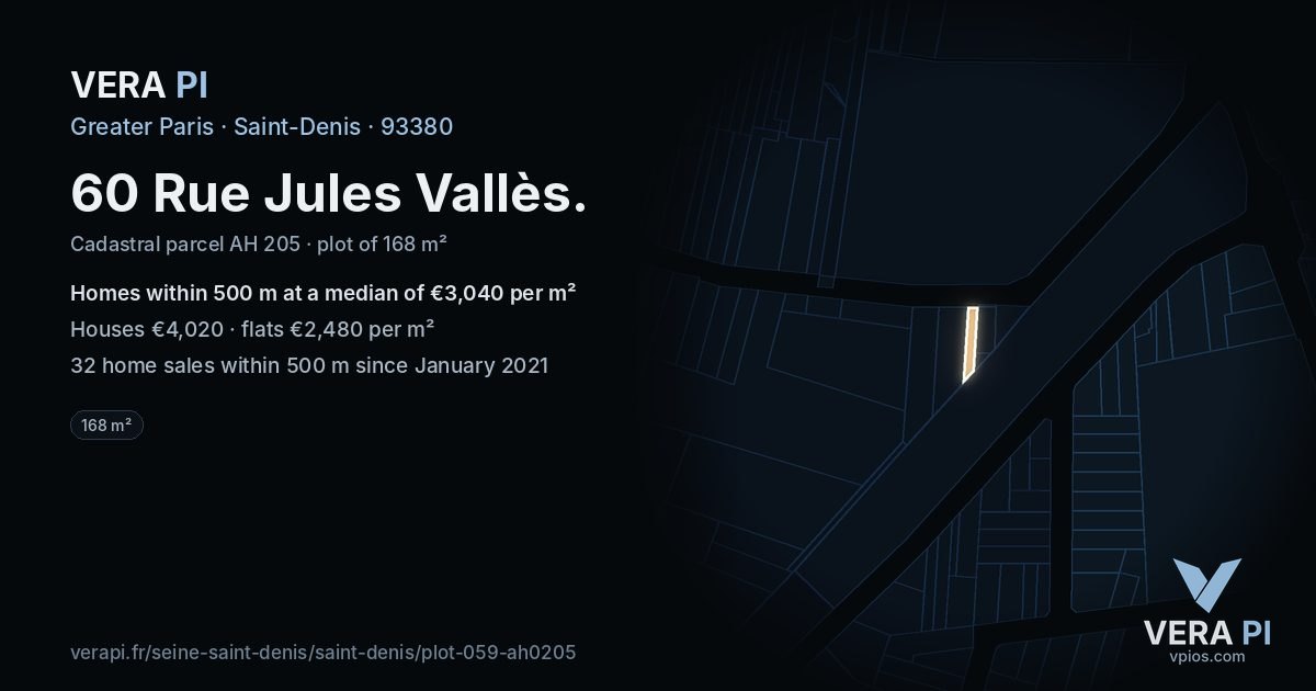 60 Rue Jules Vallès, Saint-Denis at night – the plot lit, the parcels around coloured by the prices near them