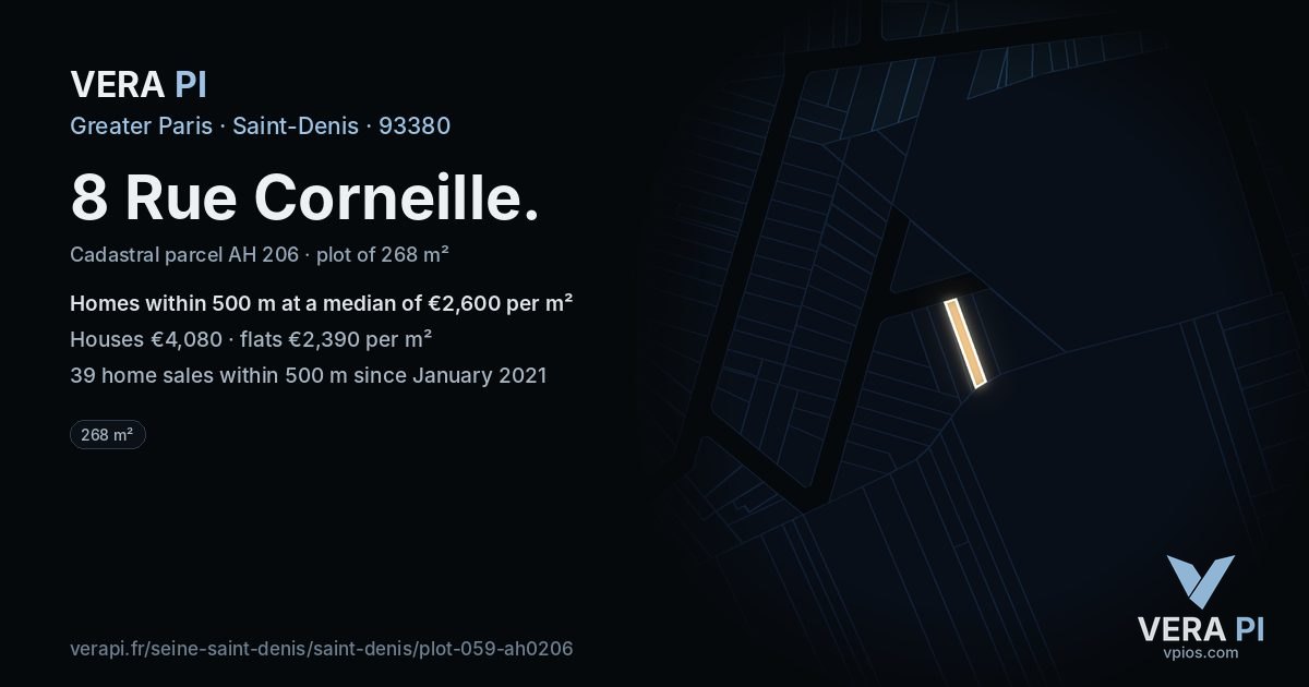 8 Rue Corneille, Saint-Denis at night – the plot lit, the parcels around coloured by the prices near them