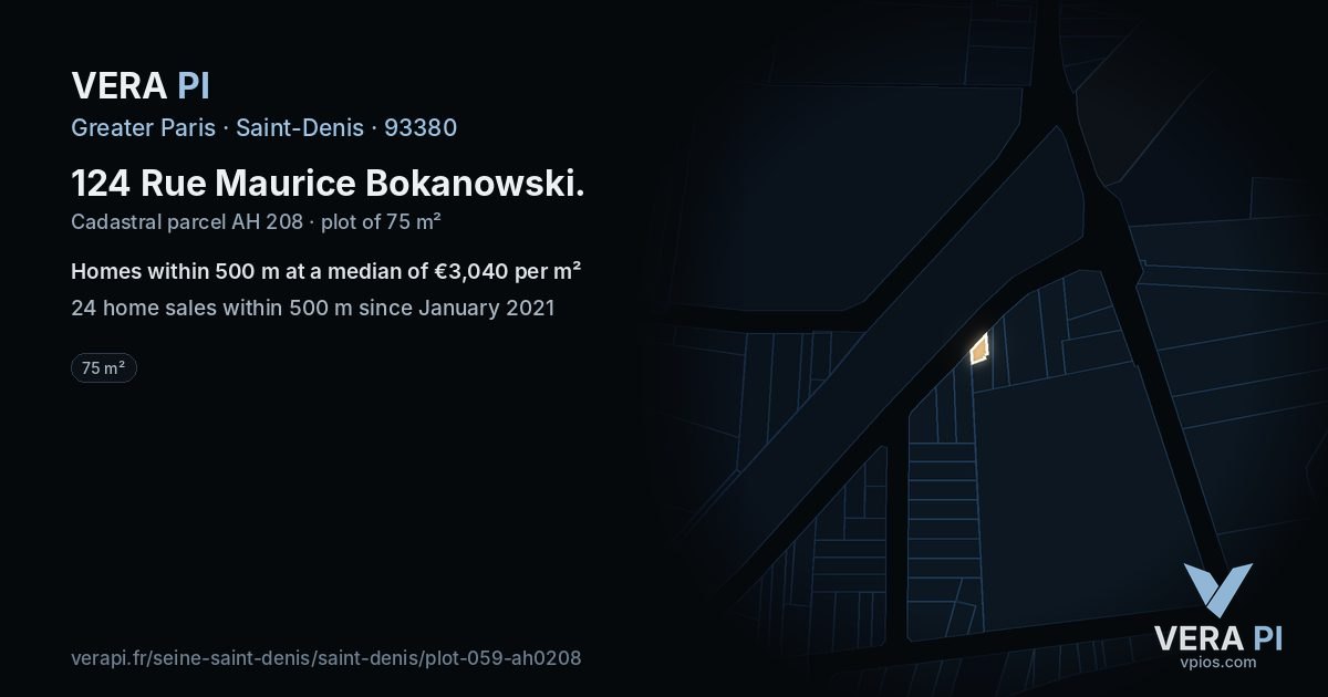124 Rue Maurice Bokanowski, Saint-Denis at night – the plot lit, the parcels around coloured by the prices near them
