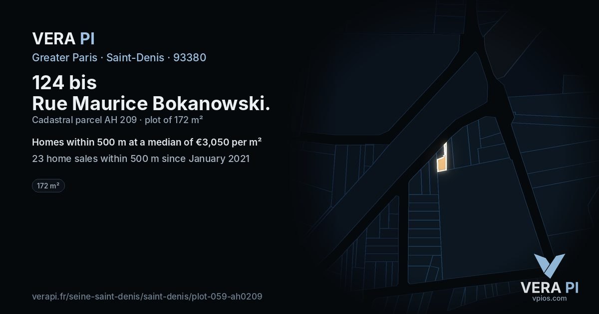 124 bis Rue Maurice Bokanowski, Saint-Denis at night – the plot lit, the parcels around coloured by the prices near them