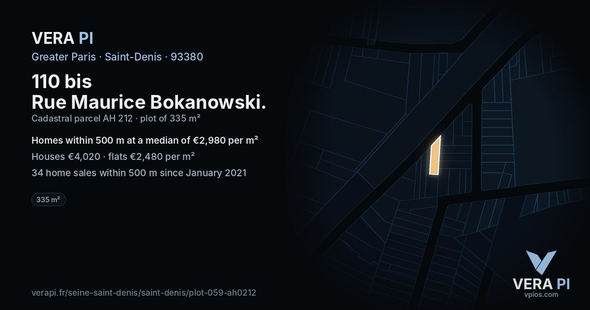 110 bis Rue Maurice Bokanowski, Saint-Denis at night – the plot lit, the parcels around coloured by the prices near them