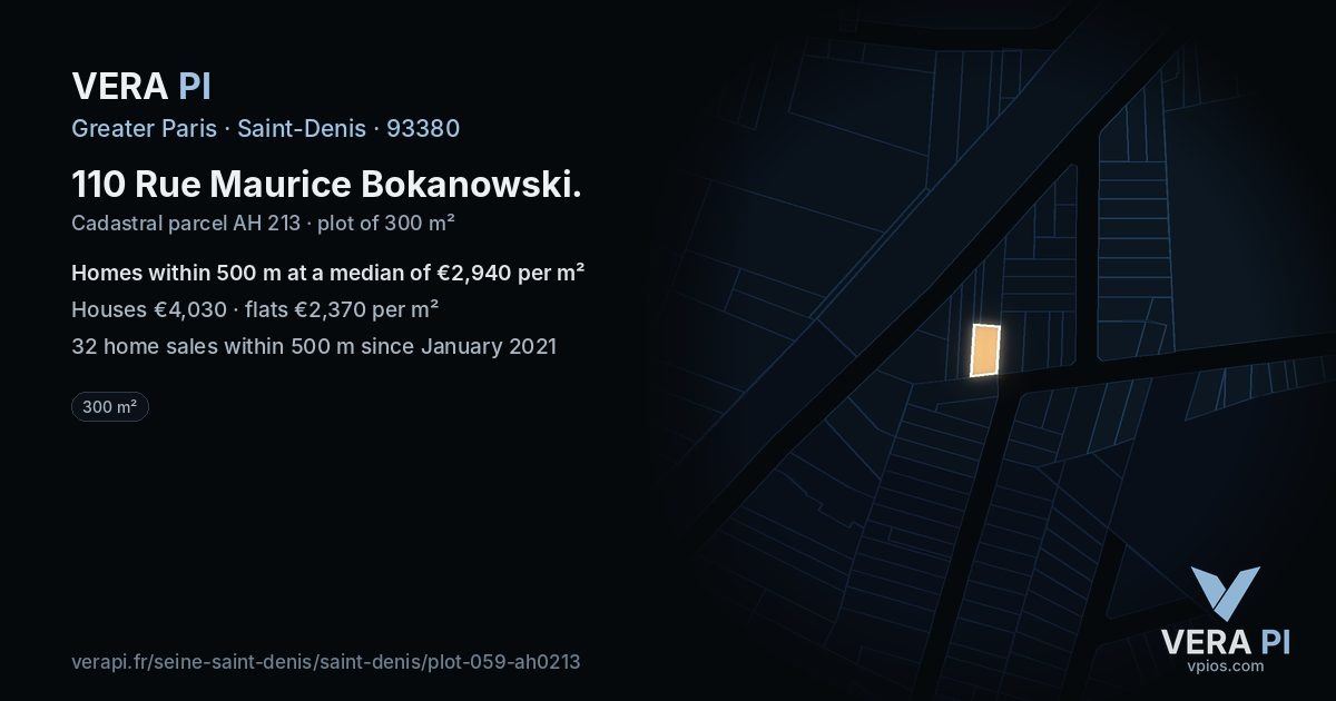 110 Rue Maurice Bokanowski, Saint-Denis at night – the plot lit, the parcels around coloured by the prices near them