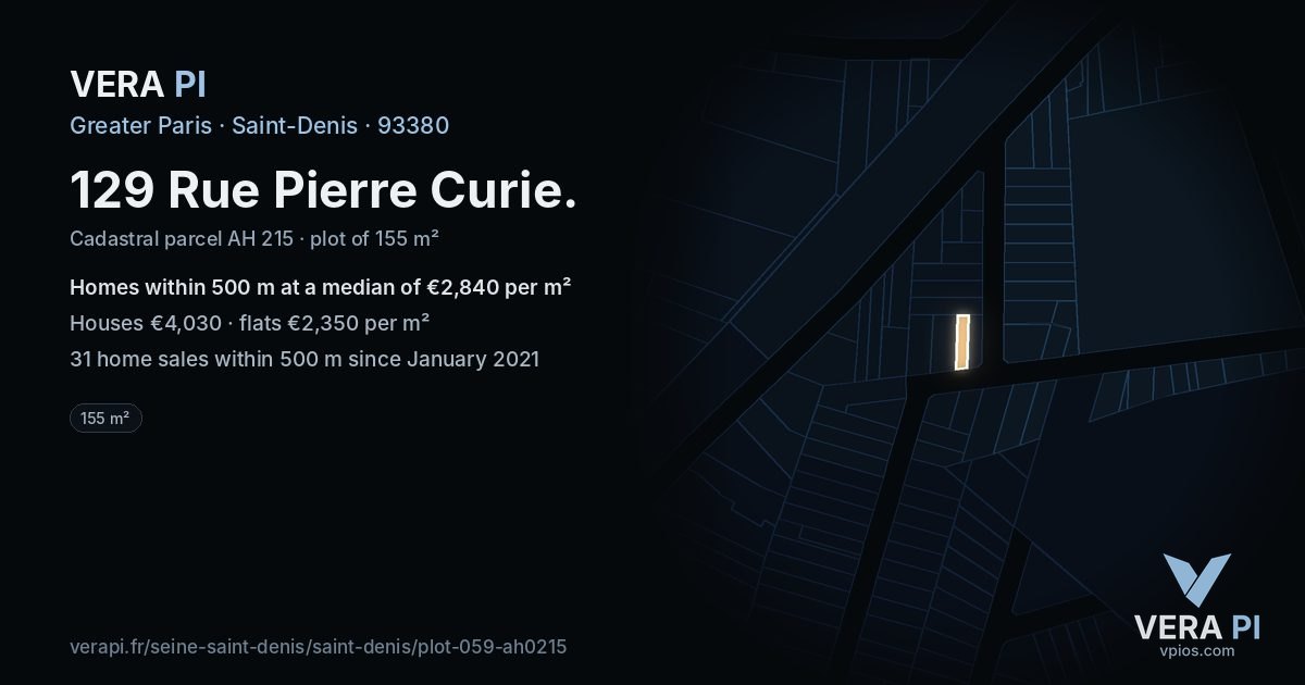 129 Rue Pierre Curie, Saint-Denis at night – the plot lit, the parcels around coloured by the prices near them