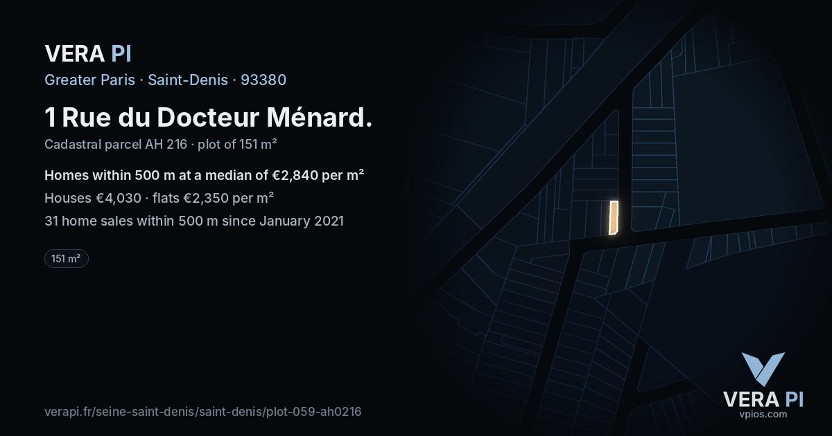 1 Rue du Docteur Ménard, Saint-Denis at night – the plot lit, the parcels around coloured by the prices near them