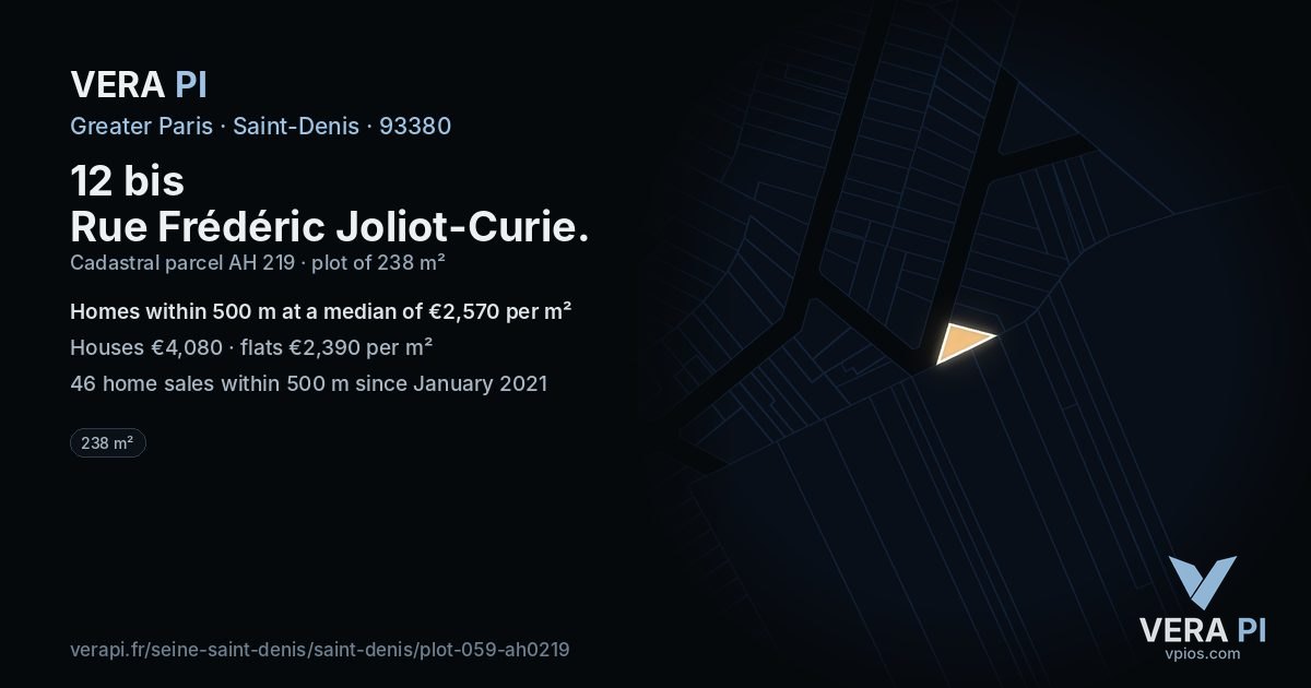 12 bis Rue Frédéric Joliot-Curie, Saint-Denis at night – the plot lit, the parcels around coloured by the prices near them