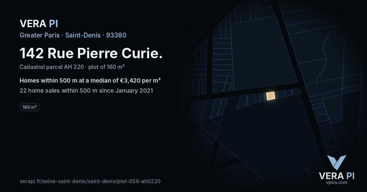 142 Rue Pierre Curie, Saint-Denis at night – the plot lit, the parcels around coloured by the prices near them
