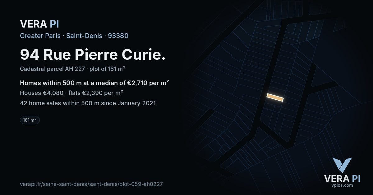 94 Rue Pierre Curie, Saint-Denis at night – the plot lit, the parcels around coloured by the prices near them