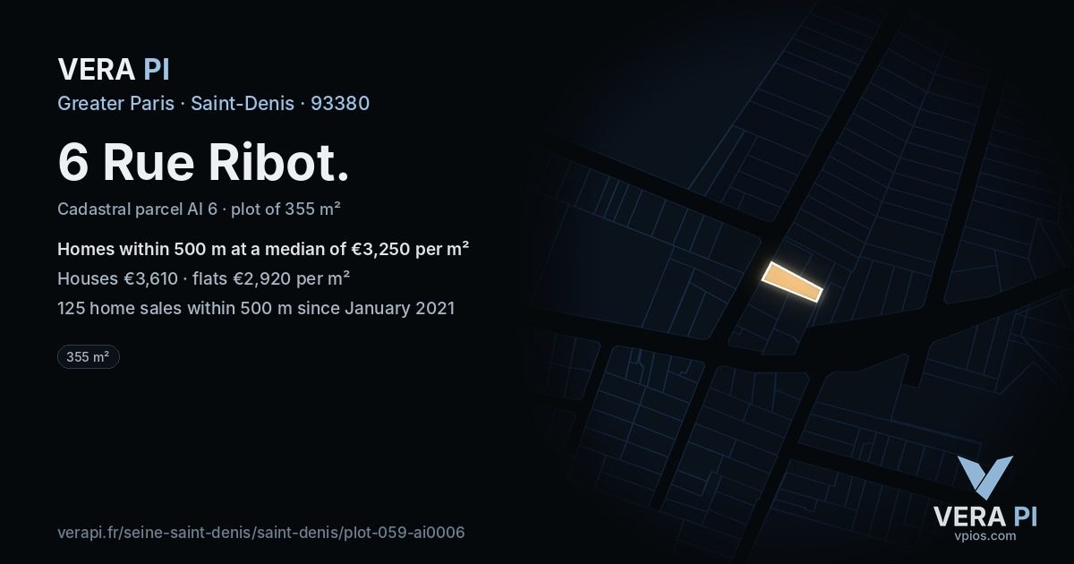 6 Rue Ribot, Saint-Denis at night – the plot lit, the parcels around coloured by the prices near them