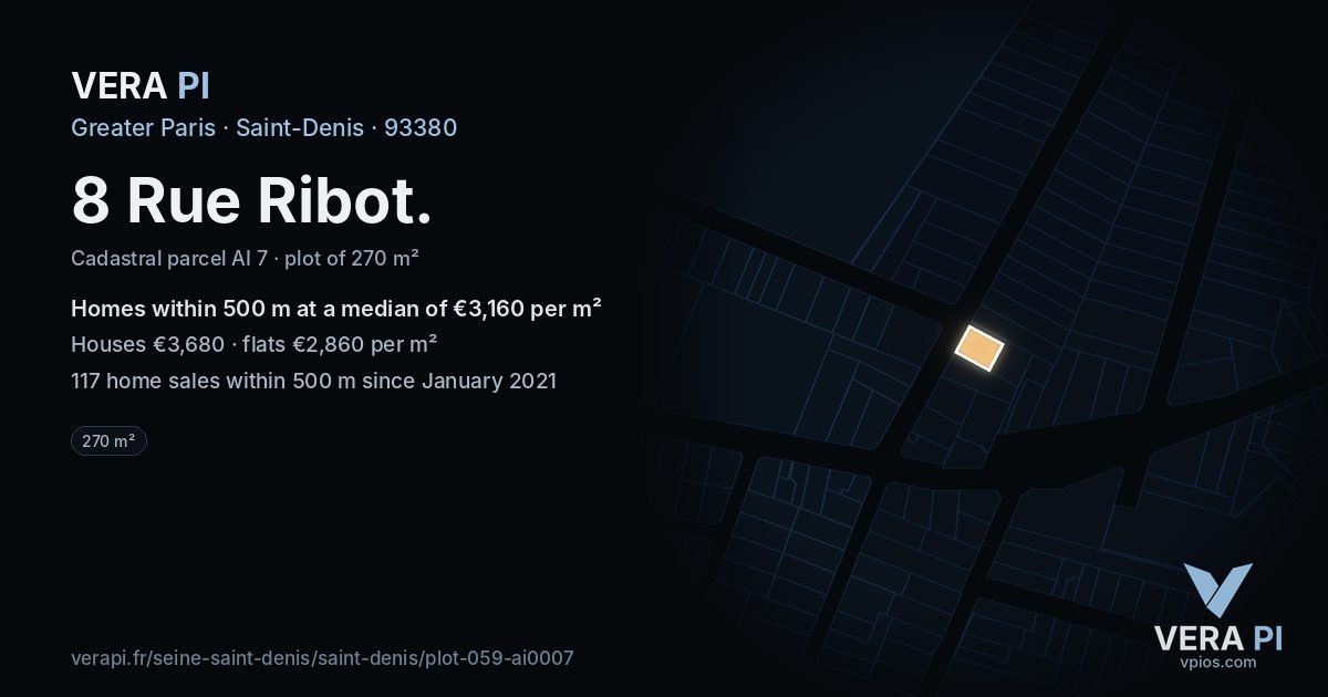 8 Rue Ribot, Saint-Denis at night – the plot lit, the parcels around coloured by the prices near them
