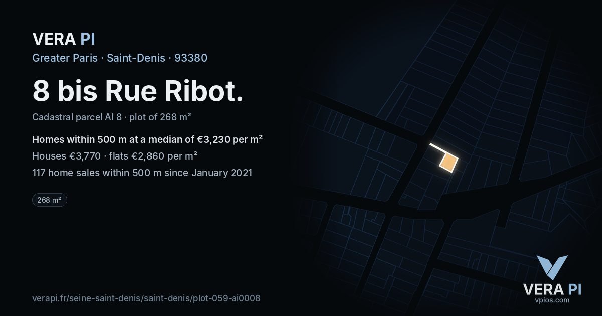 8 bis Rue Ribot, Saint-Denis at night – the plot lit, the parcels around coloured by the prices near them