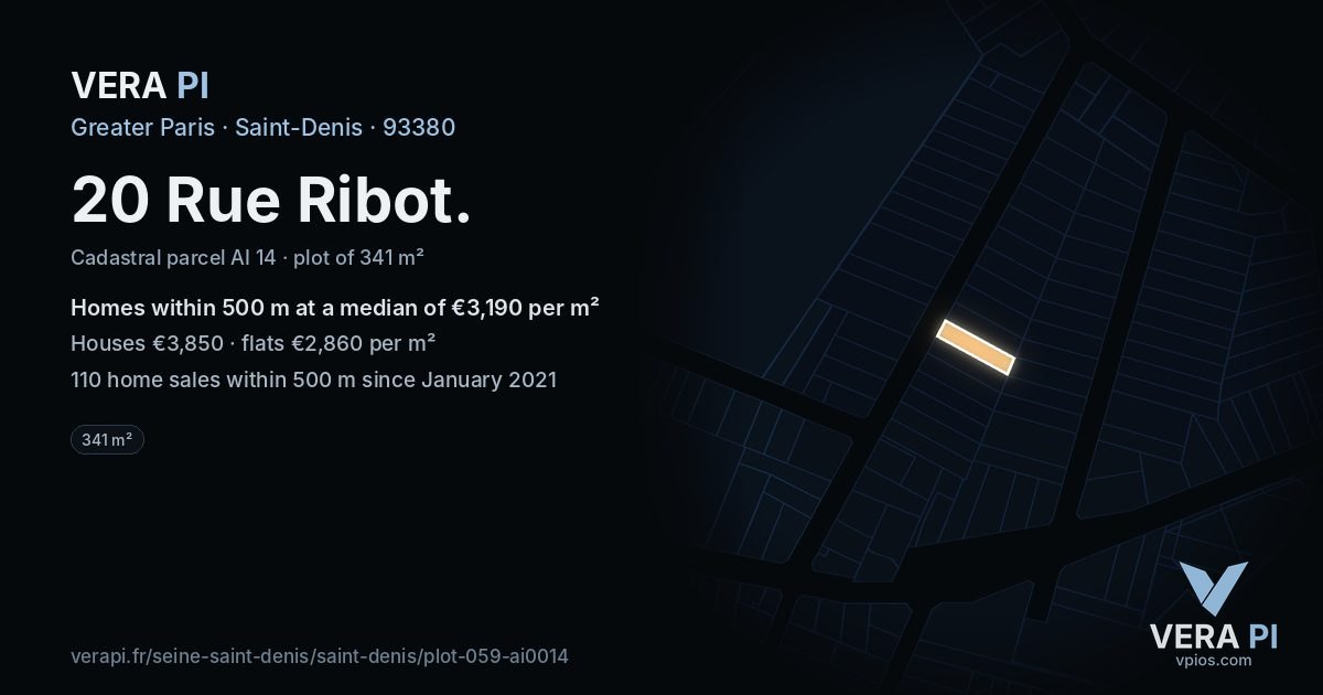 20 Rue Ribot, Saint-Denis at night – the plot lit, the parcels around coloured by the prices near them