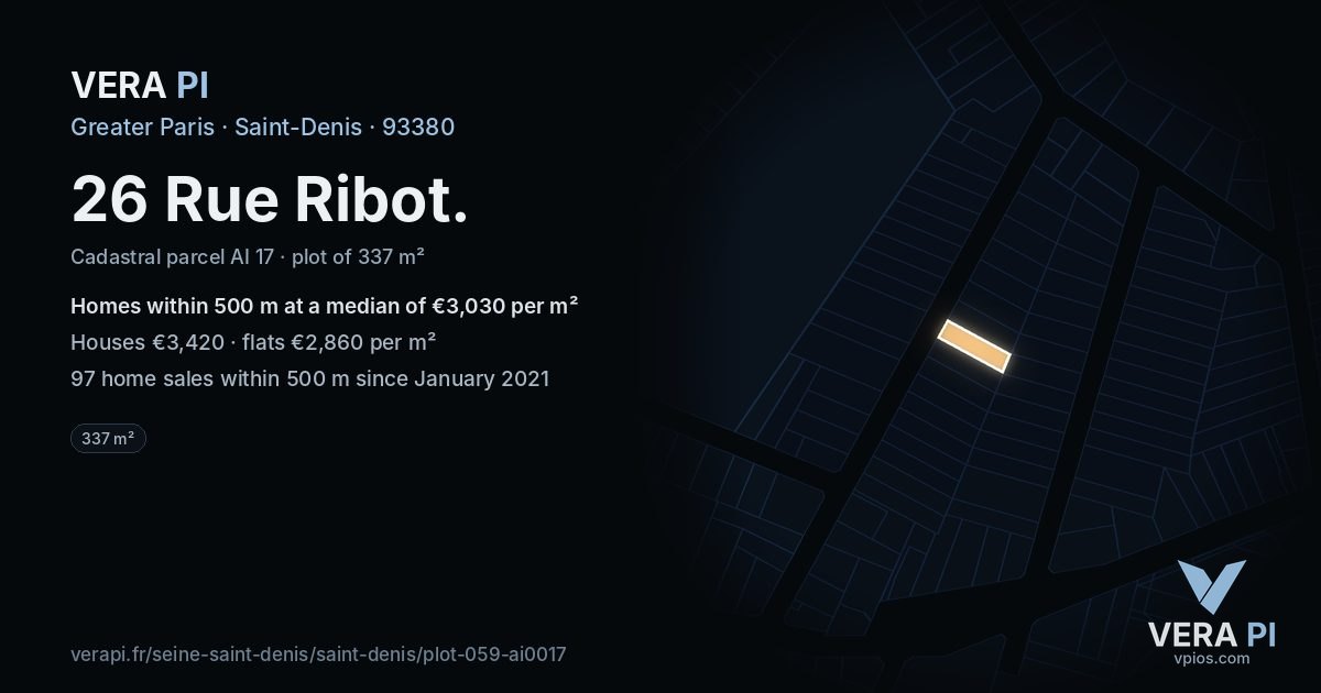 26 Rue Ribot, Saint-Denis at night – the plot lit, the parcels around coloured by the prices near them