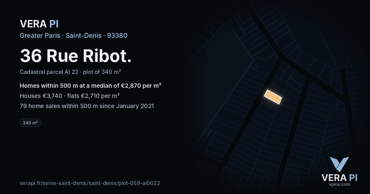 36 Rue Ribot, Saint-Denis at night – the plot lit, the parcels around coloured by the prices near them