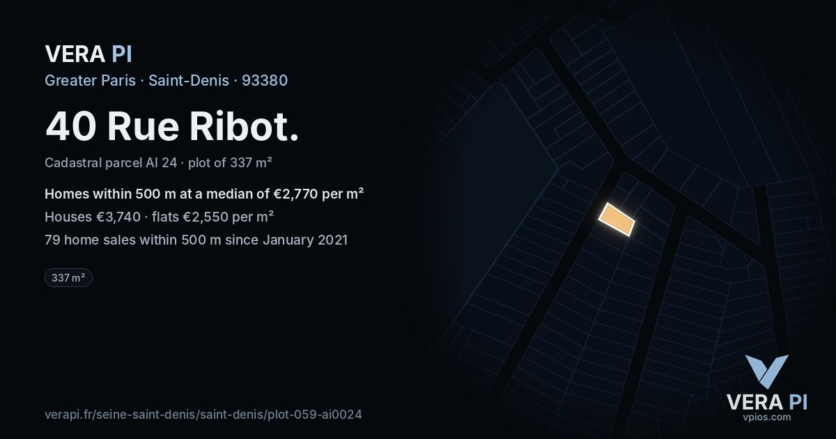 40 Rue Ribot, Saint-Denis at night – the plot lit, the parcels around coloured by the prices near them