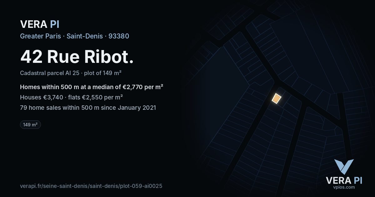 42 Rue Ribot, Saint-Denis at night – the plot lit, the parcels around coloured by the prices near them