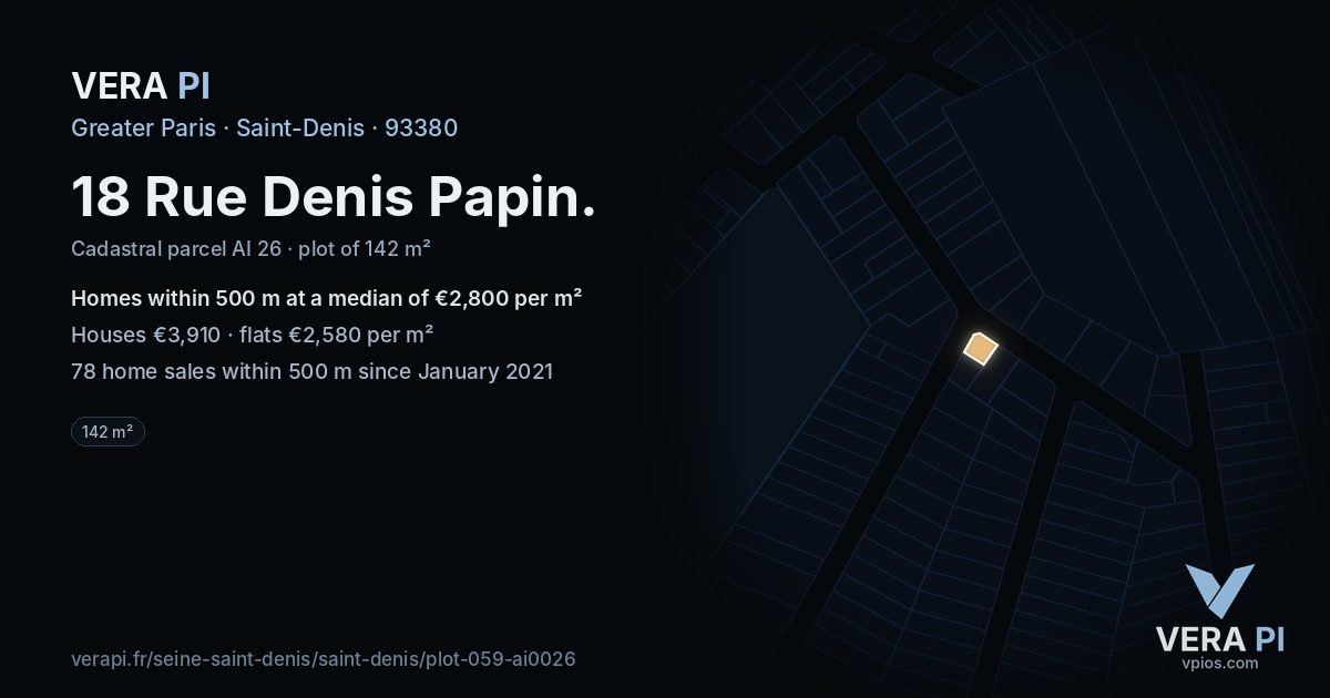 18 Rue Denis Papin, Saint-Denis at night – the plot lit, the parcels around coloured by the prices near them