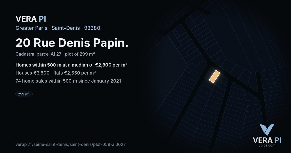 20 Rue Denis Papin, Saint-Denis at night – the plot lit, the parcels around coloured by the prices near them