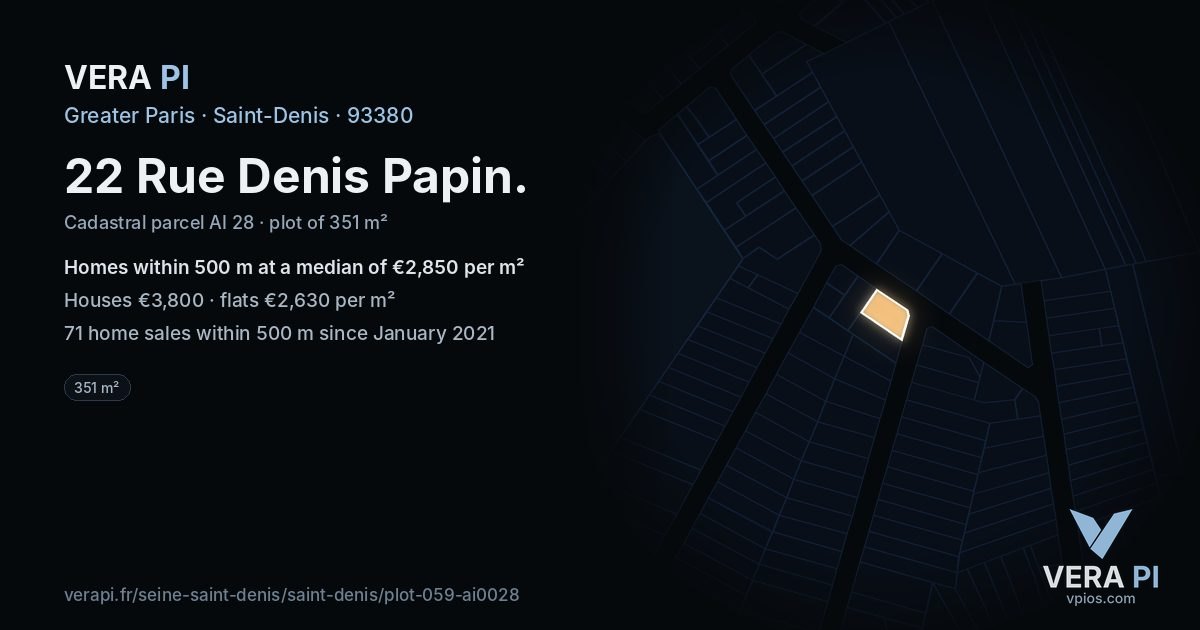 22 Rue Denis Papin, Saint-Denis at night – the plot lit, the parcels around coloured by the prices near them