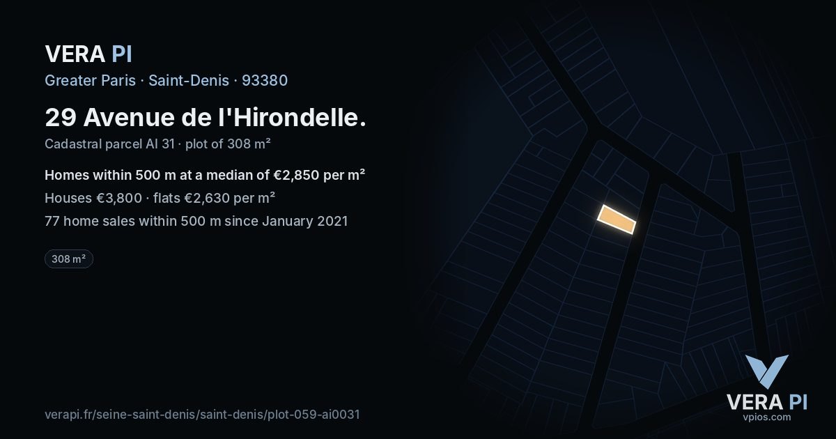 29 Avenue de l'Hirondelle, Saint-Denis at night – the plot lit, the parcels around coloured by the prices near them
