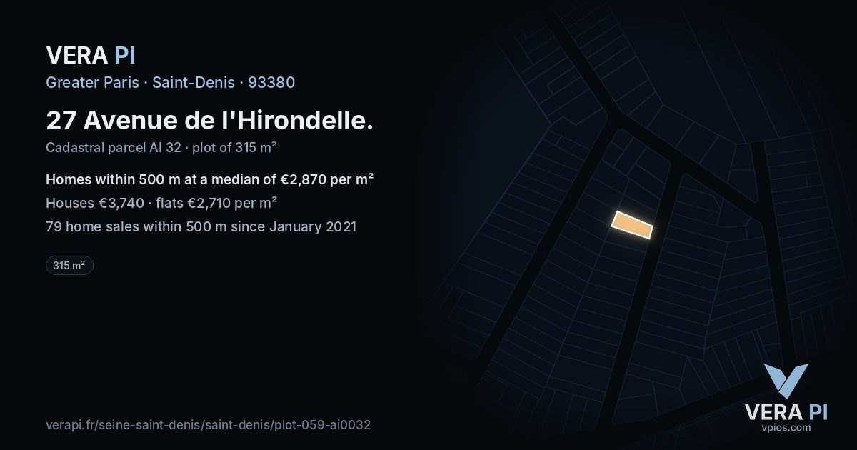 27 Avenue de l'Hirondelle, Saint-Denis at night – the plot lit, the parcels around coloured by the prices near them