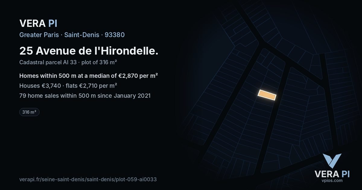 25 Avenue de l'Hirondelle, Saint-Denis at night – the plot lit, the parcels around coloured by the prices near them