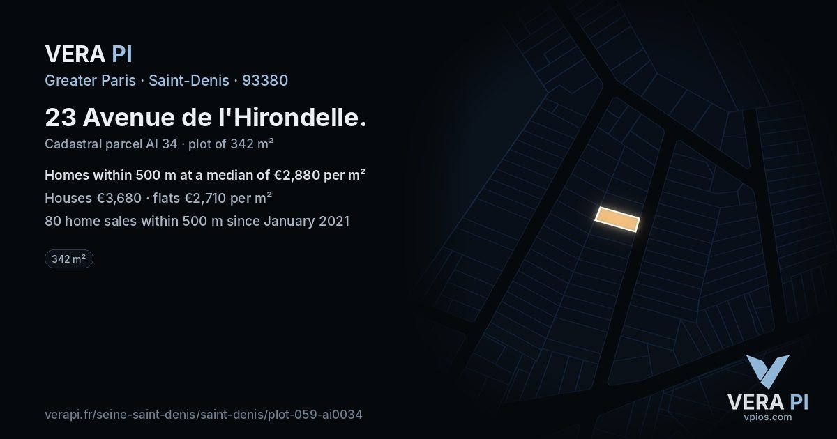 23 Avenue de l'Hirondelle, Saint-Denis at night – the plot lit, the parcels around coloured by the prices near them