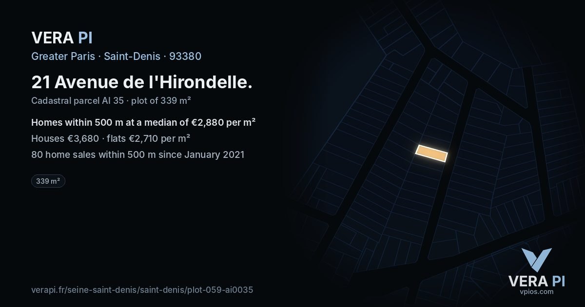 21 Avenue de l'Hirondelle, Saint-Denis at night – the plot lit, the parcels around coloured by the prices near them