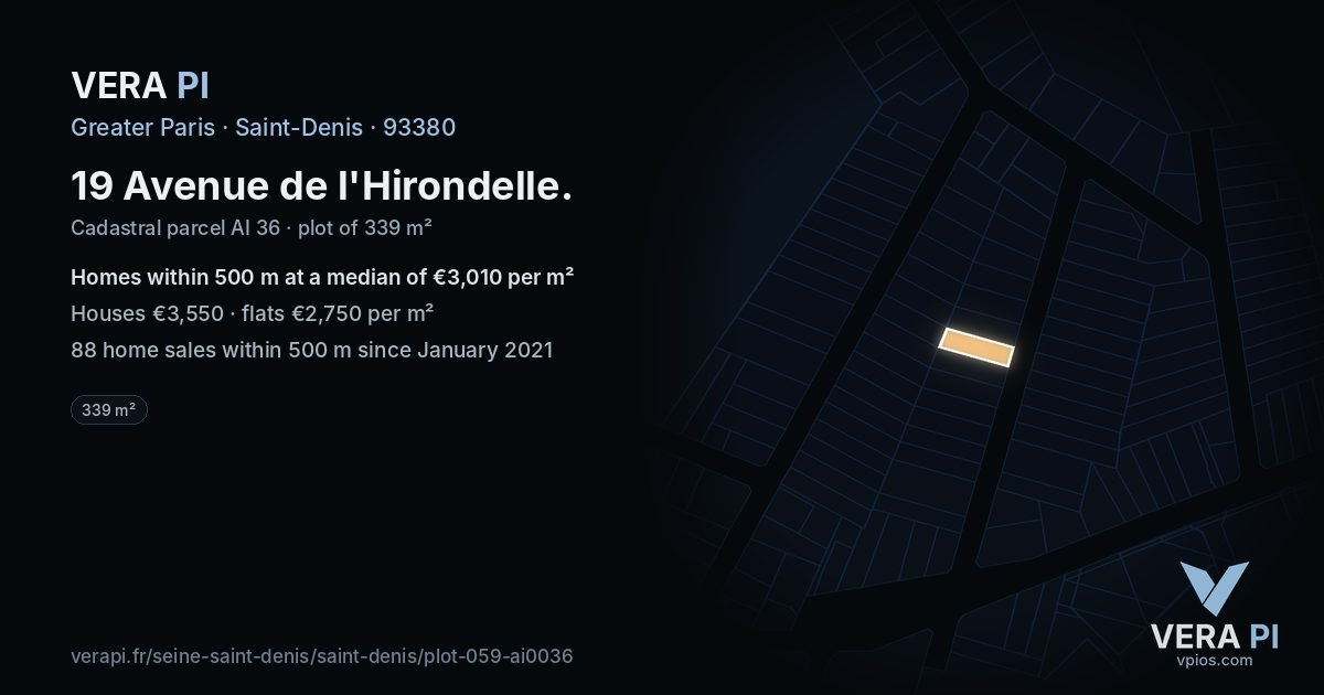 19 Avenue de l'Hirondelle, Saint-Denis at night – the plot lit, the parcels around coloured by the prices near them