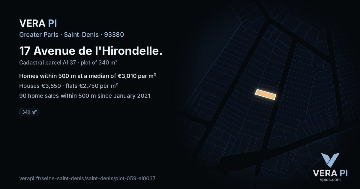 17 Avenue de l'Hirondelle, Saint-Denis at night – the plot lit, the parcels around coloured by the prices near them