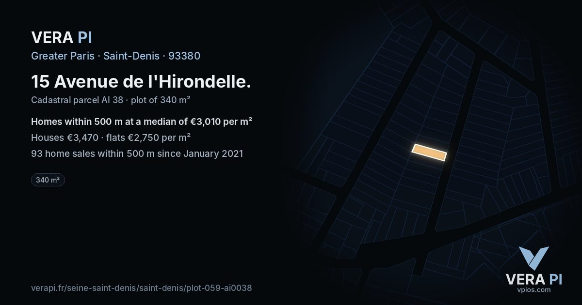 15 Avenue de l'Hirondelle, Saint-Denis at night – the plot lit, the parcels around coloured by the prices near them