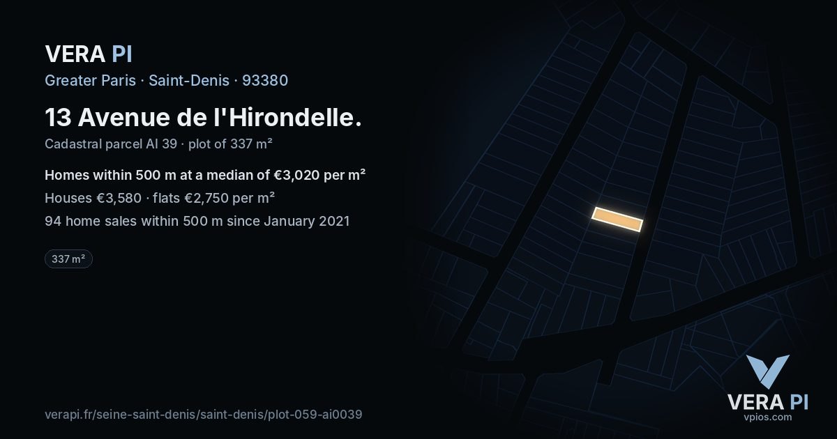 13 Avenue de l'Hirondelle, Saint-Denis at night – the plot lit, the parcels around coloured by the prices near them