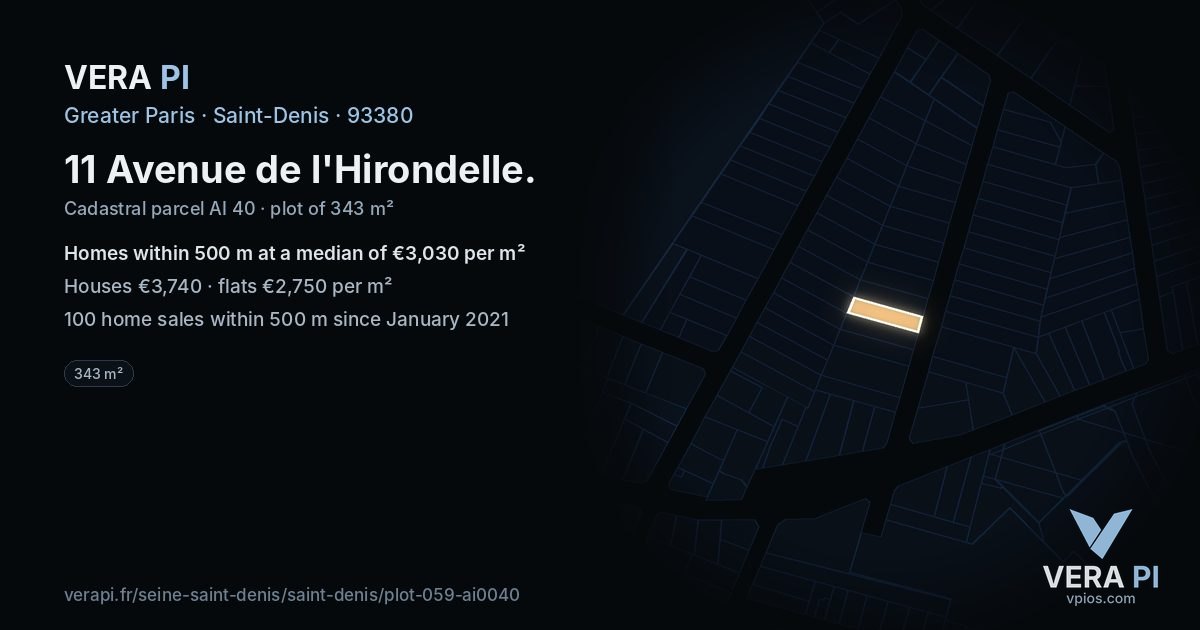 11 Avenue de l'Hirondelle, Saint-Denis at night – the plot lit, the parcels around coloured by the prices near them