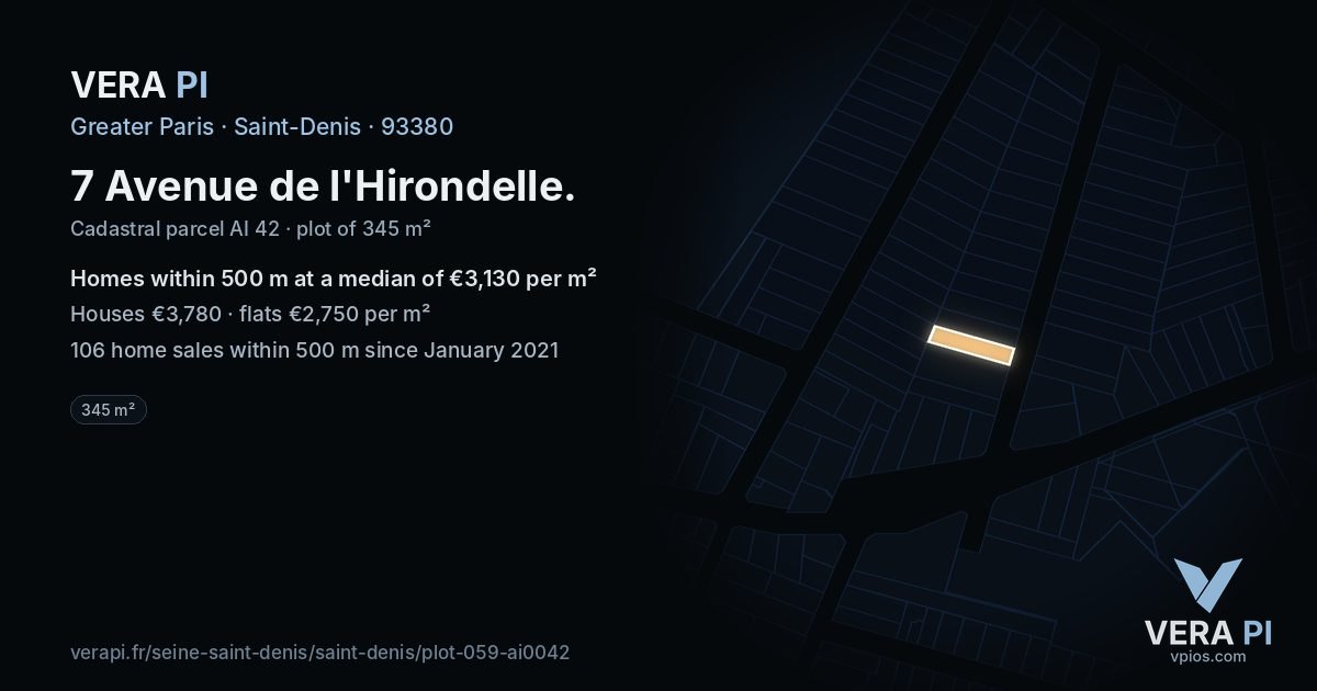 7 Avenue de l'Hirondelle, Saint-Denis at night – the plot lit, the parcels around coloured by the prices near them