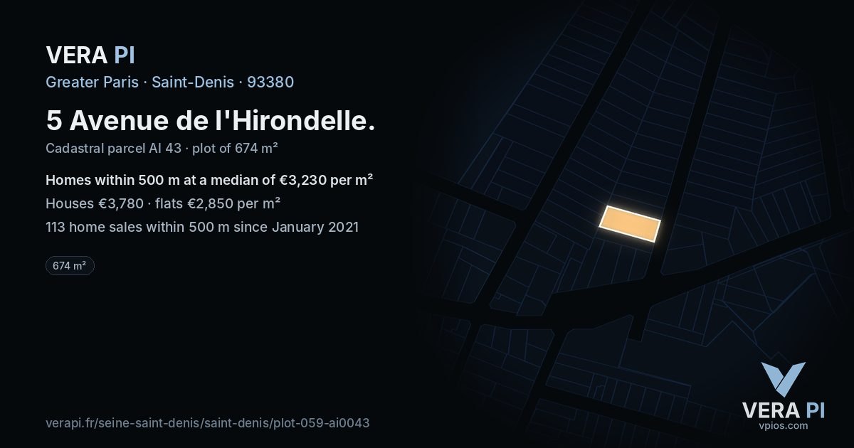 5 Avenue de l'Hirondelle, Saint-Denis at night – the plot lit, the parcels around coloured by the prices near them