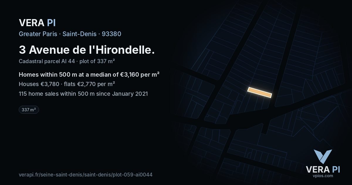 3 Avenue de l'Hirondelle, Saint-Denis at night – the plot lit, the parcels around coloured by the prices near them