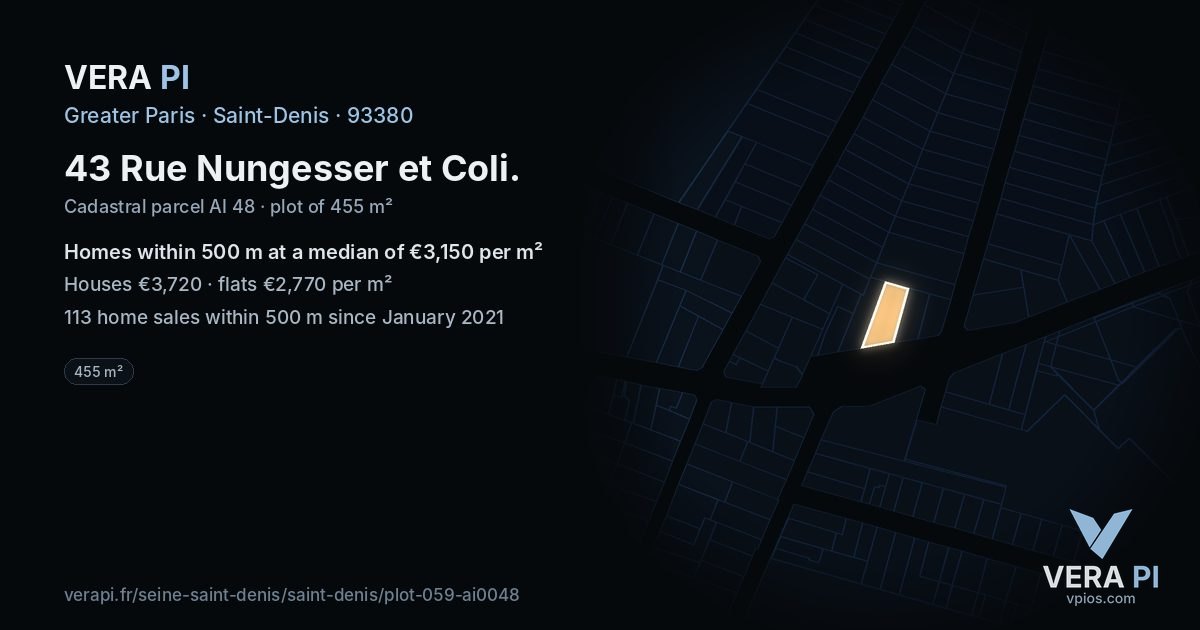 43 Rue Nungesser et Coli, Saint-Denis at night – the plot lit, the parcels around coloured by the prices near them