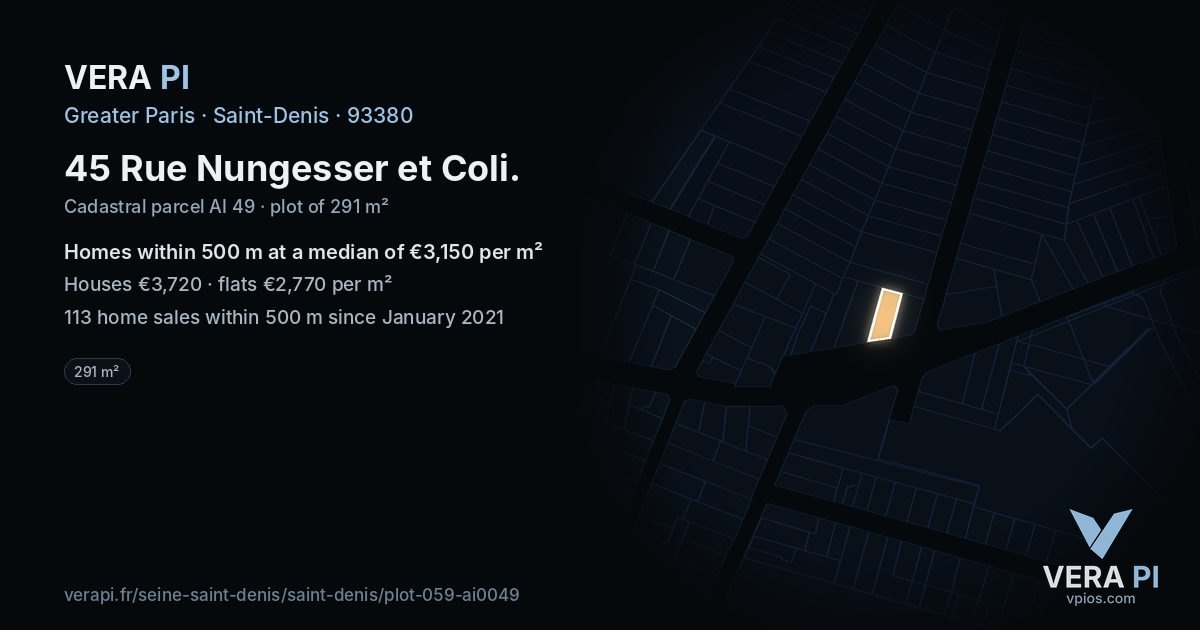 45 Rue Nungesser et Coli, Saint-Denis at night – the plot lit, the parcels around coloured by the prices near them