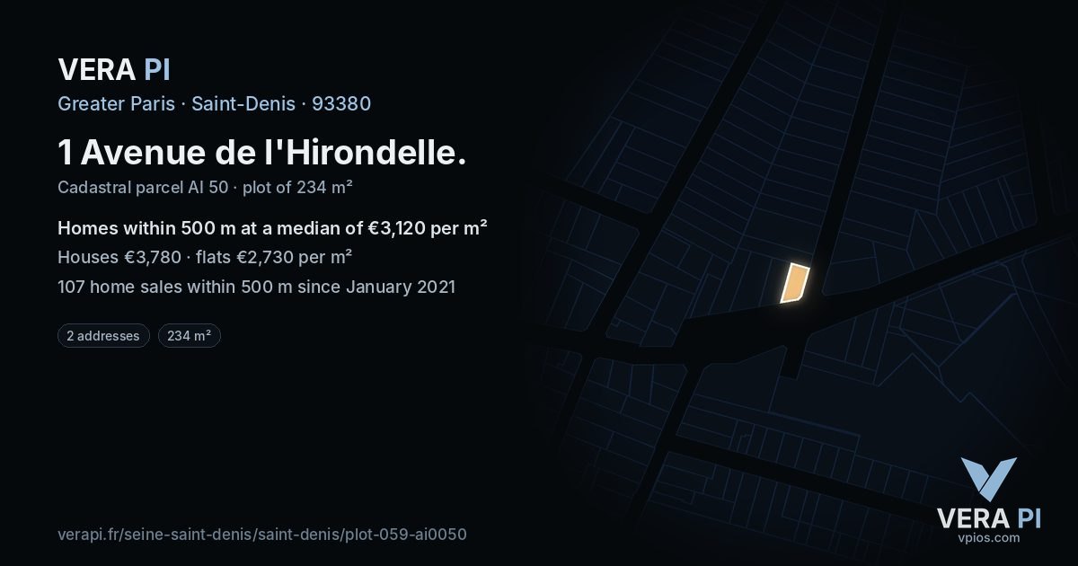 1 Avenue de l'Hirondelle, Saint-Denis at night – the plot lit, the parcels around coloured by the prices near them
