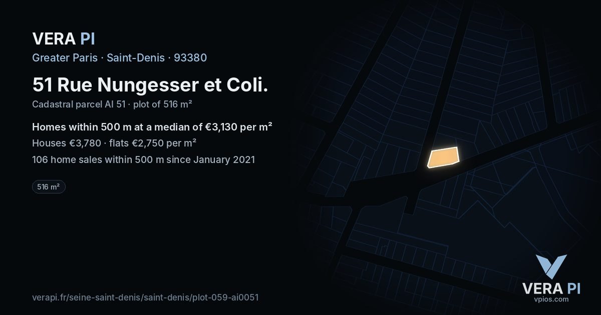 51 Rue Nungesser et Coli, Saint-Denis at night – the plot lit, the parcels around coloured by the prices near them