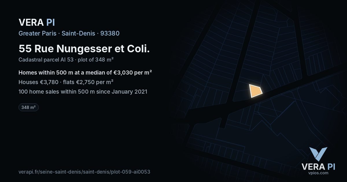 55 Rue Nungesser et Coli, Saint-Denis at night – the plot lit, the parcels around coloured by the prices near them