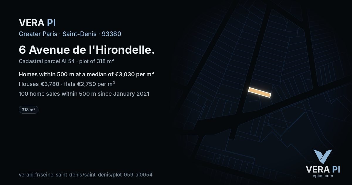6 Avenue de l'Hirondelle, Saint-Denis at night – the plot lit, the parcels around coloured by the prices near them
