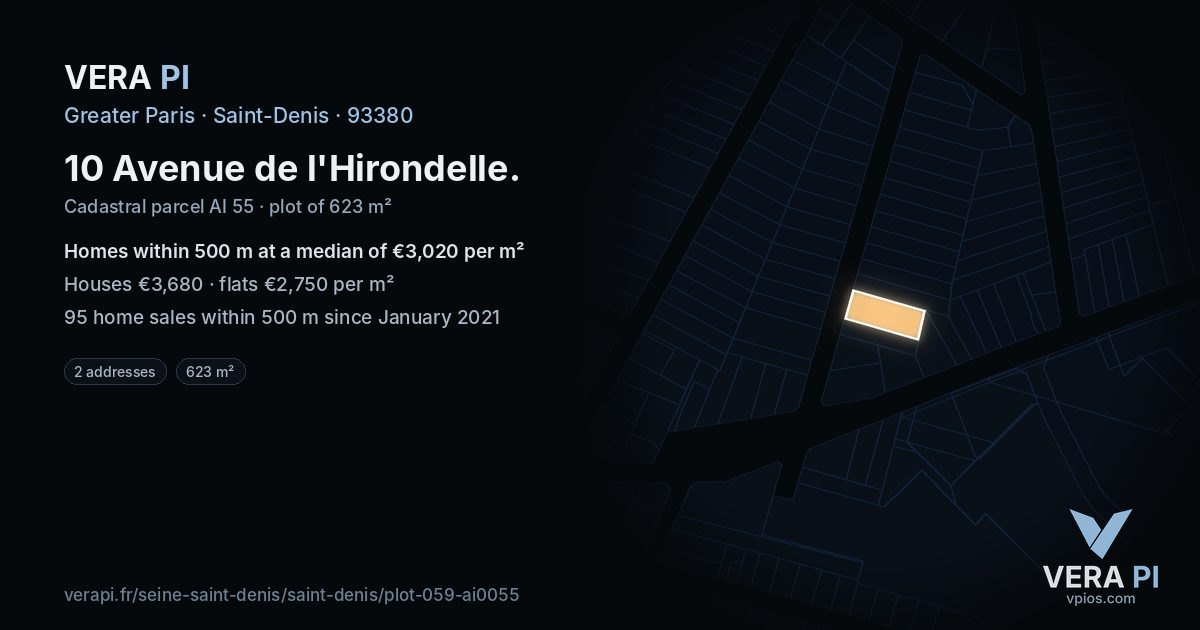 10 Avenue de l'Hirondelle, Saint-Denis at night – the plot lit, the parcels around coloured by the prices near them