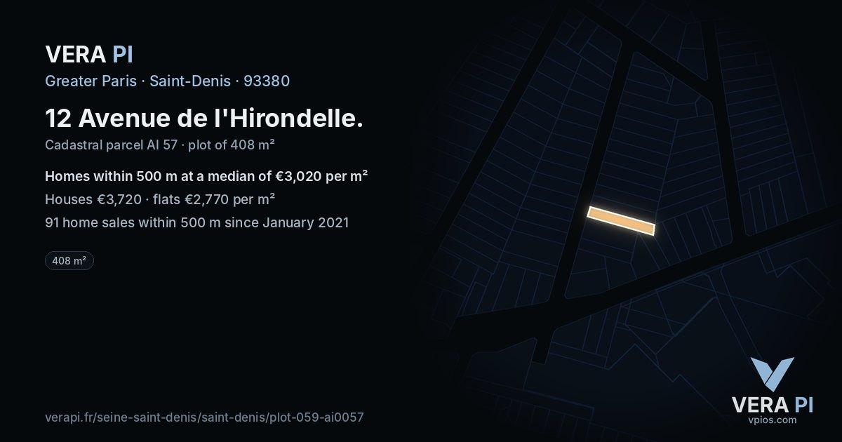 12 Avenue de l'Hirondelle, Saint-Denis at night – the plot lit, the parcels around coloured by the prices near them