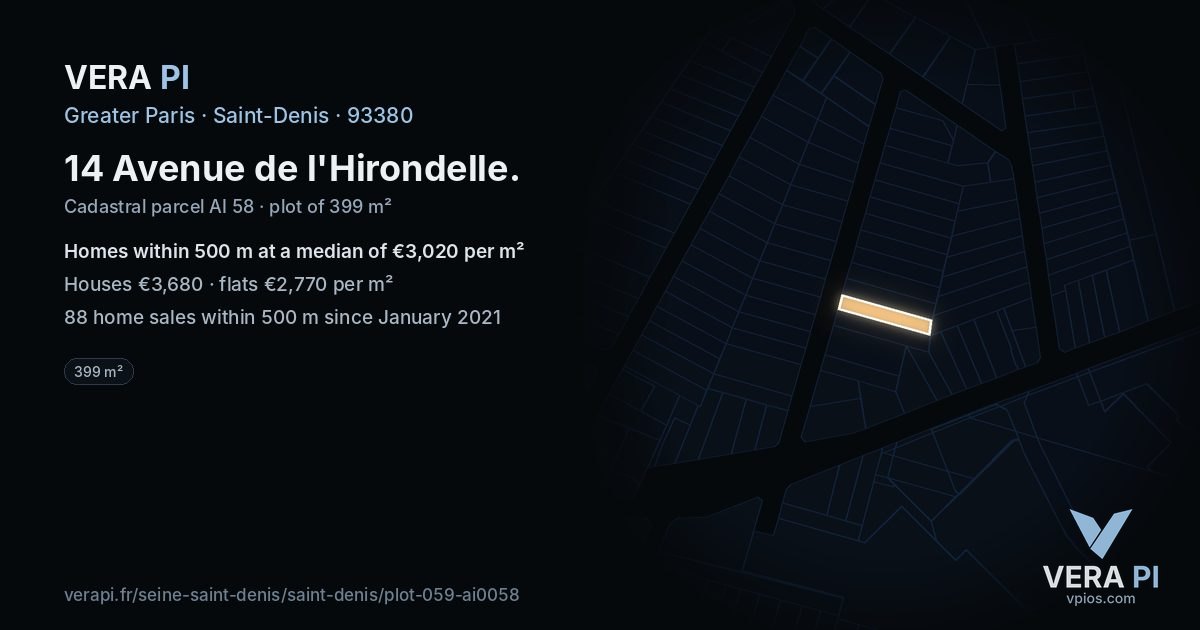 14 Avenue de l'Hirondelle, Saint-Denis at night – the plot lit, the parcels around coloured by the prices near them