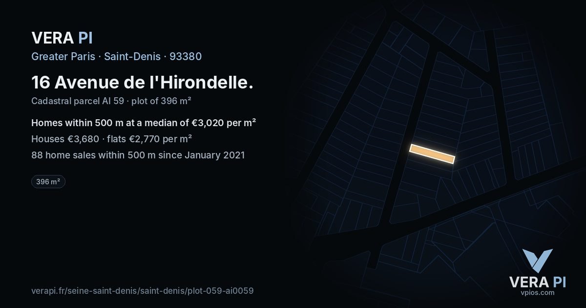 16 Avenue de l'Hirondelle, Saint-Denis at night – the plot lit, the parcels around coloured by the prices near them