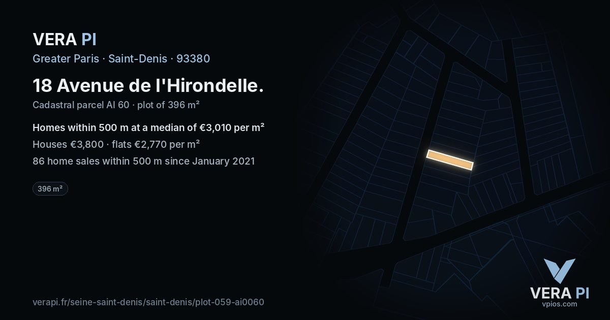 18 Avenue de l'Hirondelle, Saint-Denis at night – the plot lit, the parcels around coloured by the prices near them